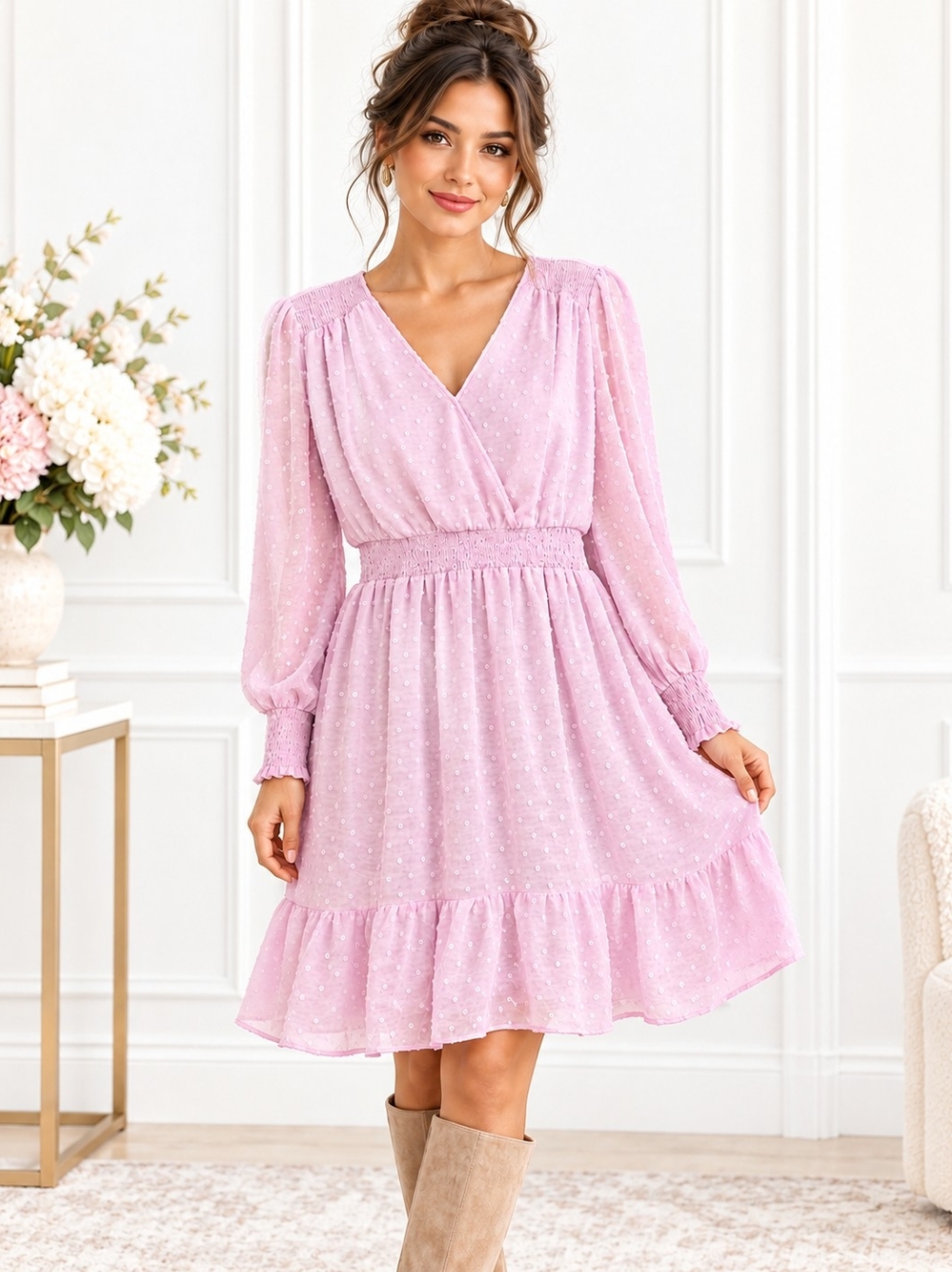 Indigo Rose Pink Swiss Dot Smocked Waist Ruffle Dress | Size Large